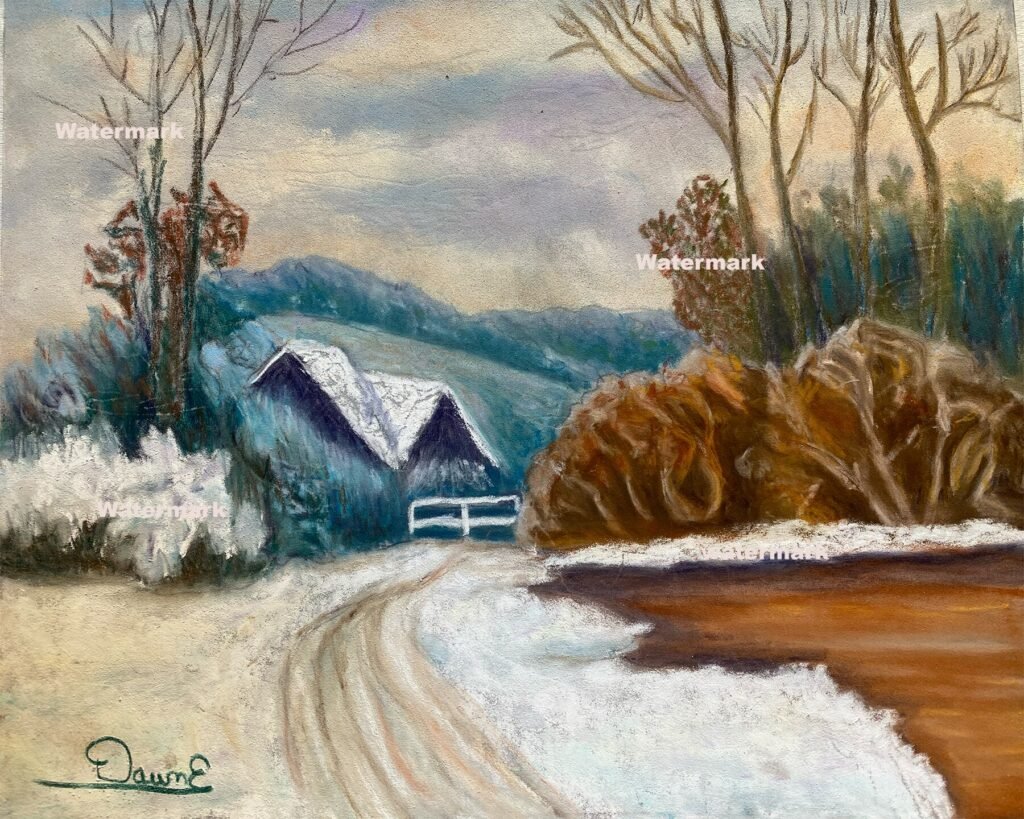 Blue Christmas pastel painting by DawnE - snowy winter cabin scene