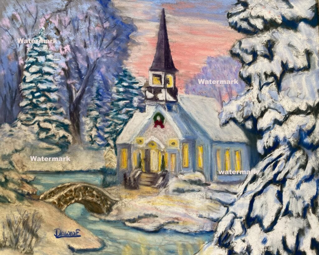 Church on the River pastel painting by DawnE - snowy church winter scene