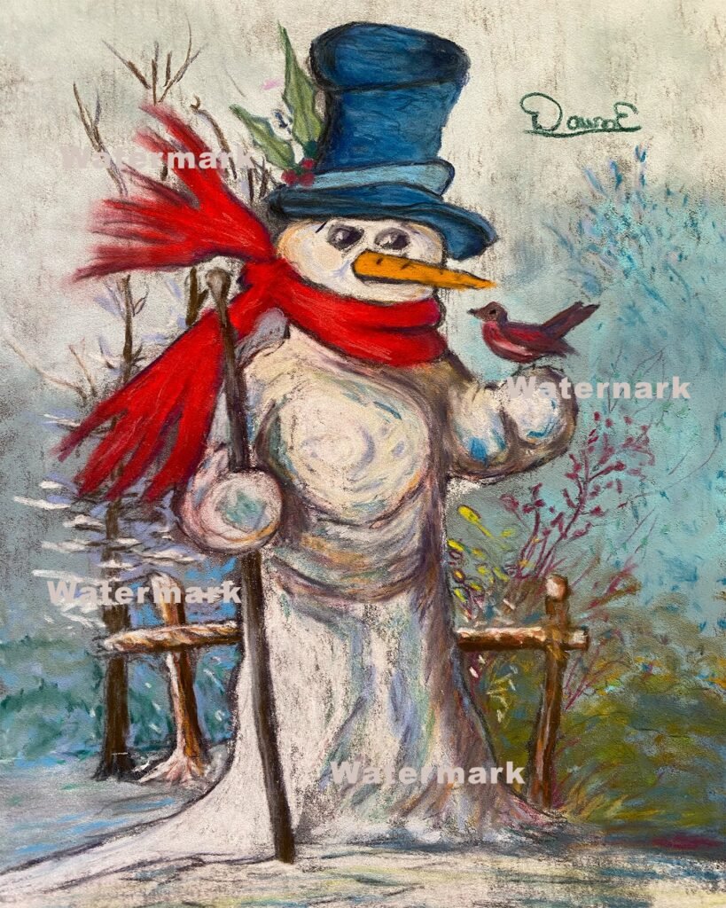 Frosty the snowman pastel painting by DawnE - snowman with red scarf and cardinal