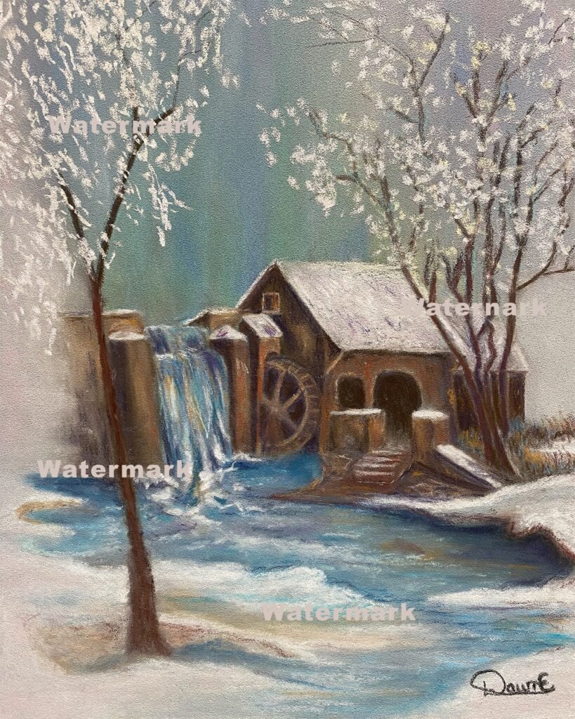 Water Mill pastel painting by DawnE - winter water mill scene