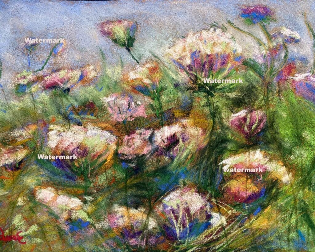 Purple Pond Lillies pastel painting by DawnE